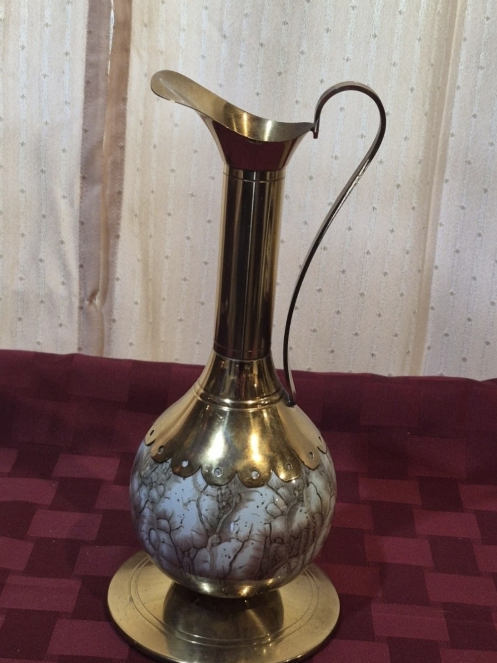 Vintage Delft Holland Brass & Marbled Ceramic Ewer Pitcher Vase MCM 9.75"
